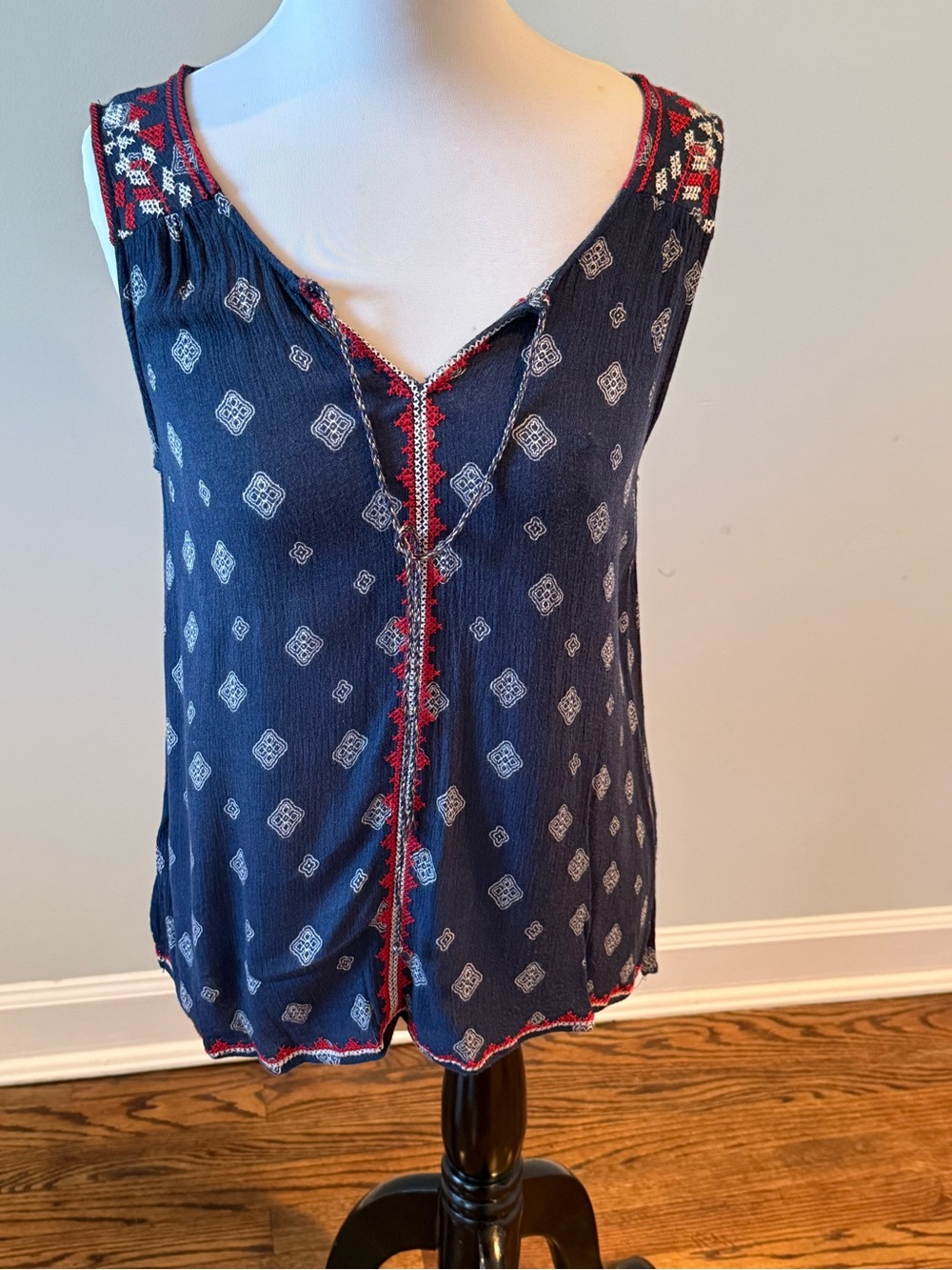 Blu Pepper Navy Sleeveless V-Neck Camisole with Red and white Trim